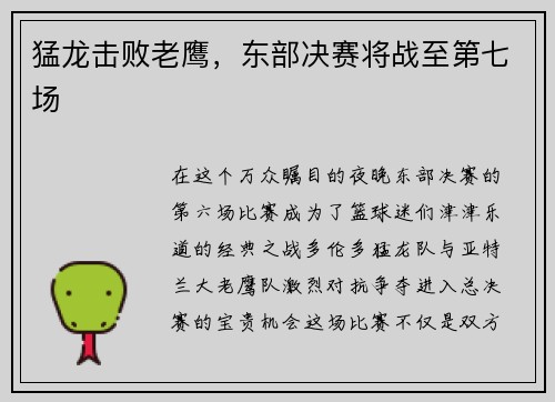 猛龙击败老鹰，东部决赛将战至第七场